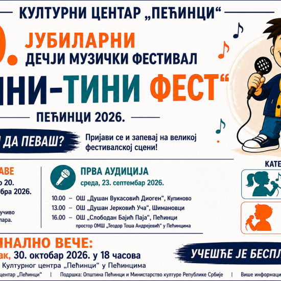 POČINjU PRIJAVE ZA 20. JUBILARNI „MINI-TINI FEST“ U PEĆINCIMAPrijavljivanje od 1. do 20. septembra